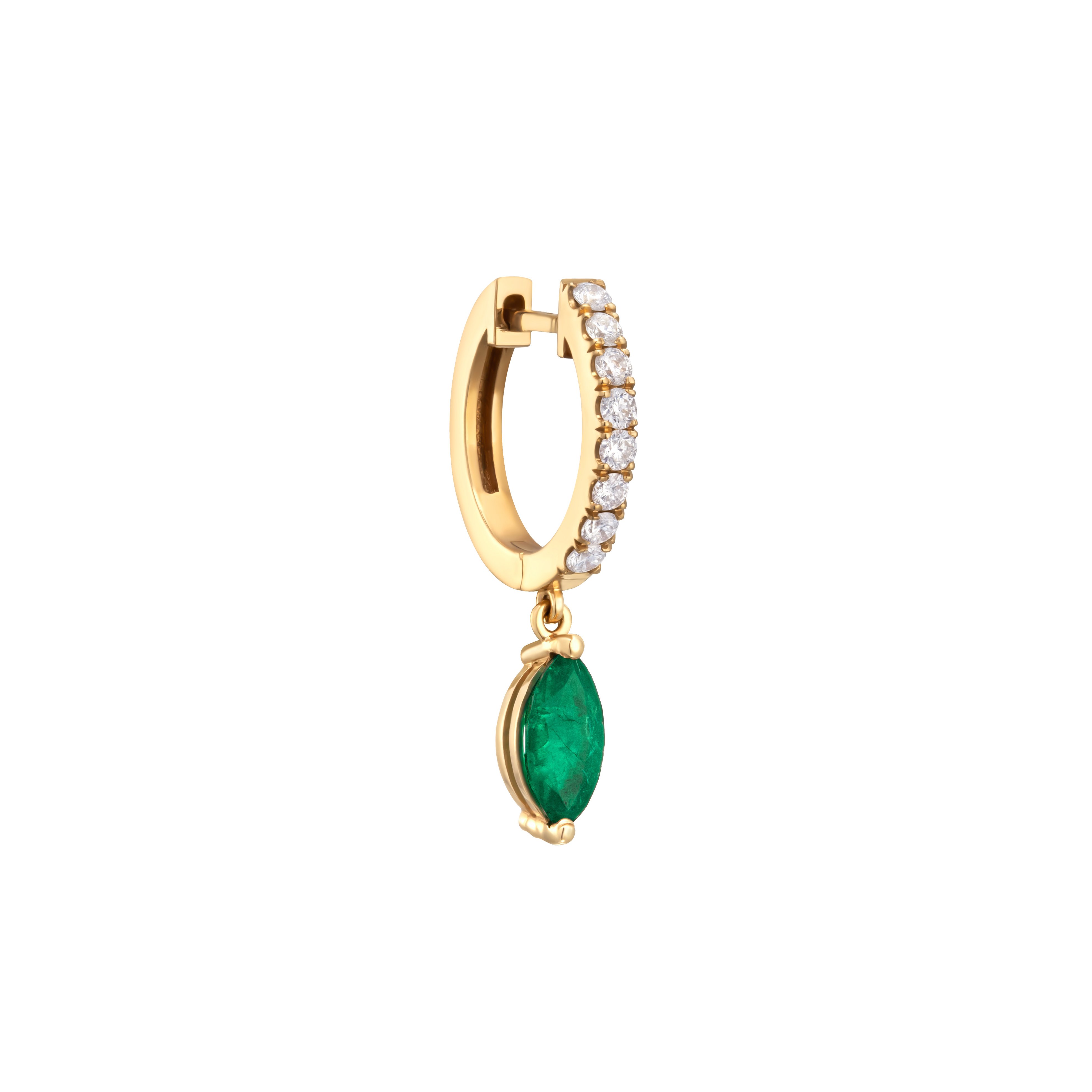 Single diamond huggie with marquise shaped natural emerald drop