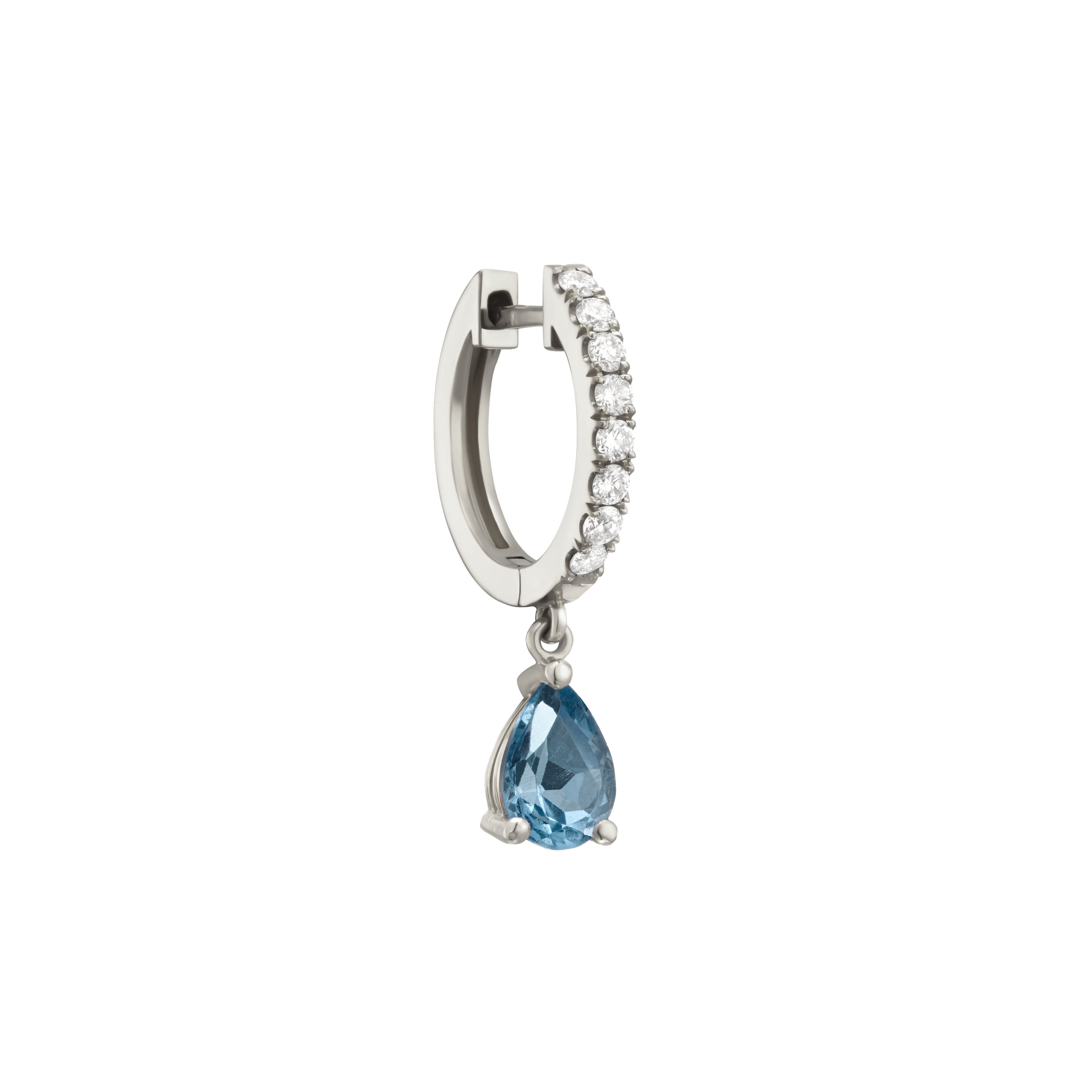 Single diamond huggie with pear shaped natural blue topaz drop