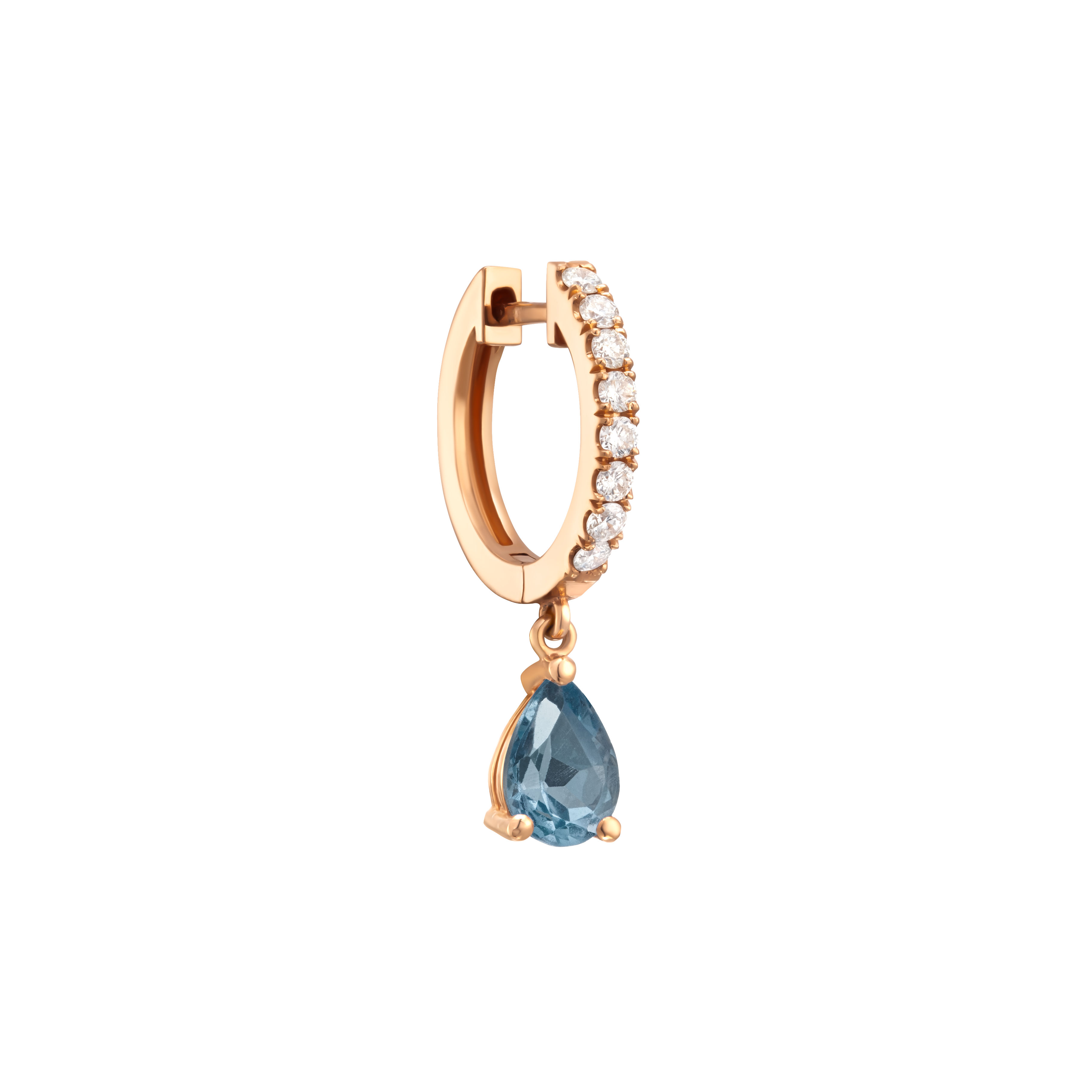 Single diamond huggie with pear shaped natural blue topaz drop