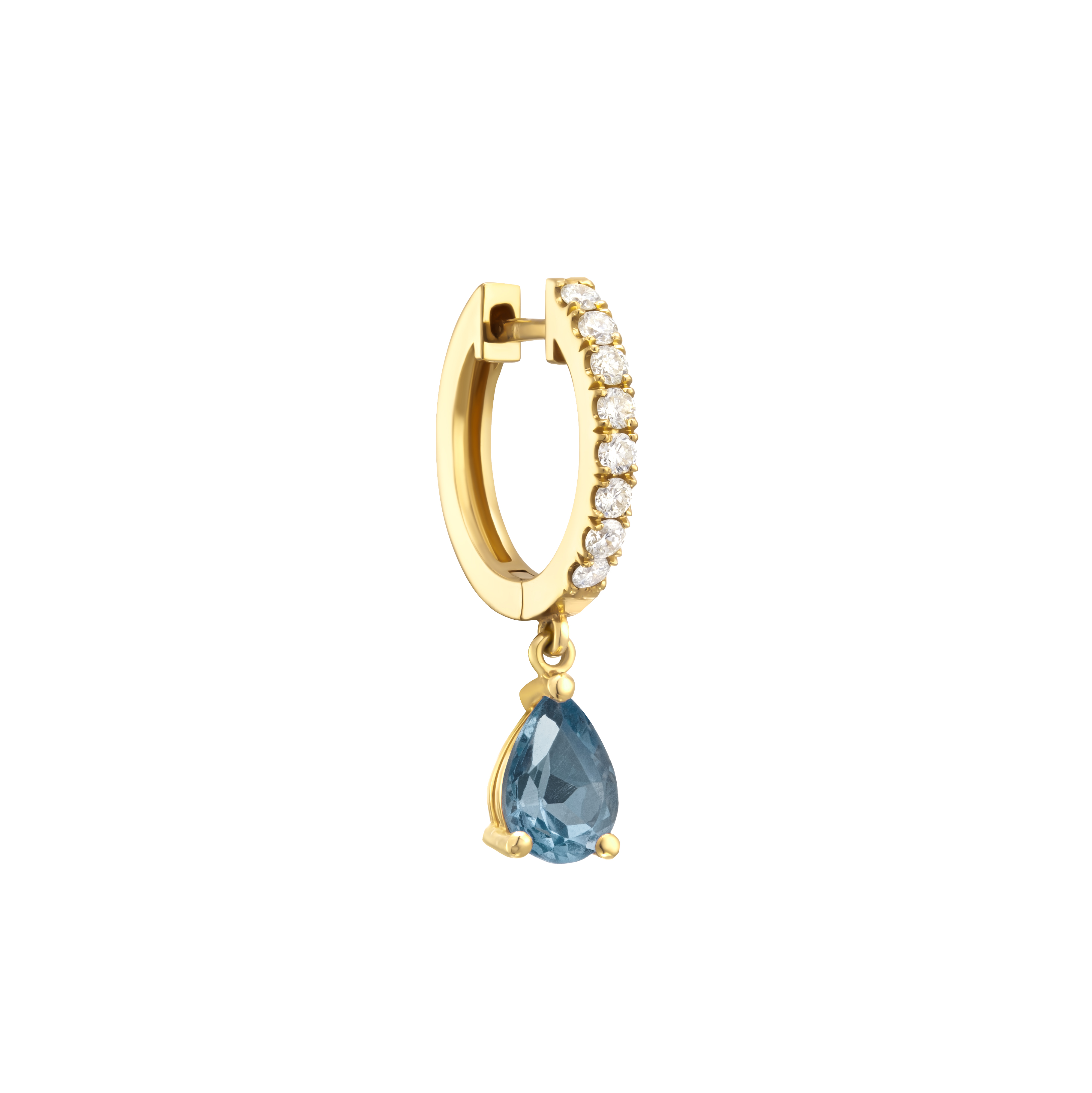 Single diamond huggie with pear shaped natural blue topaz drop