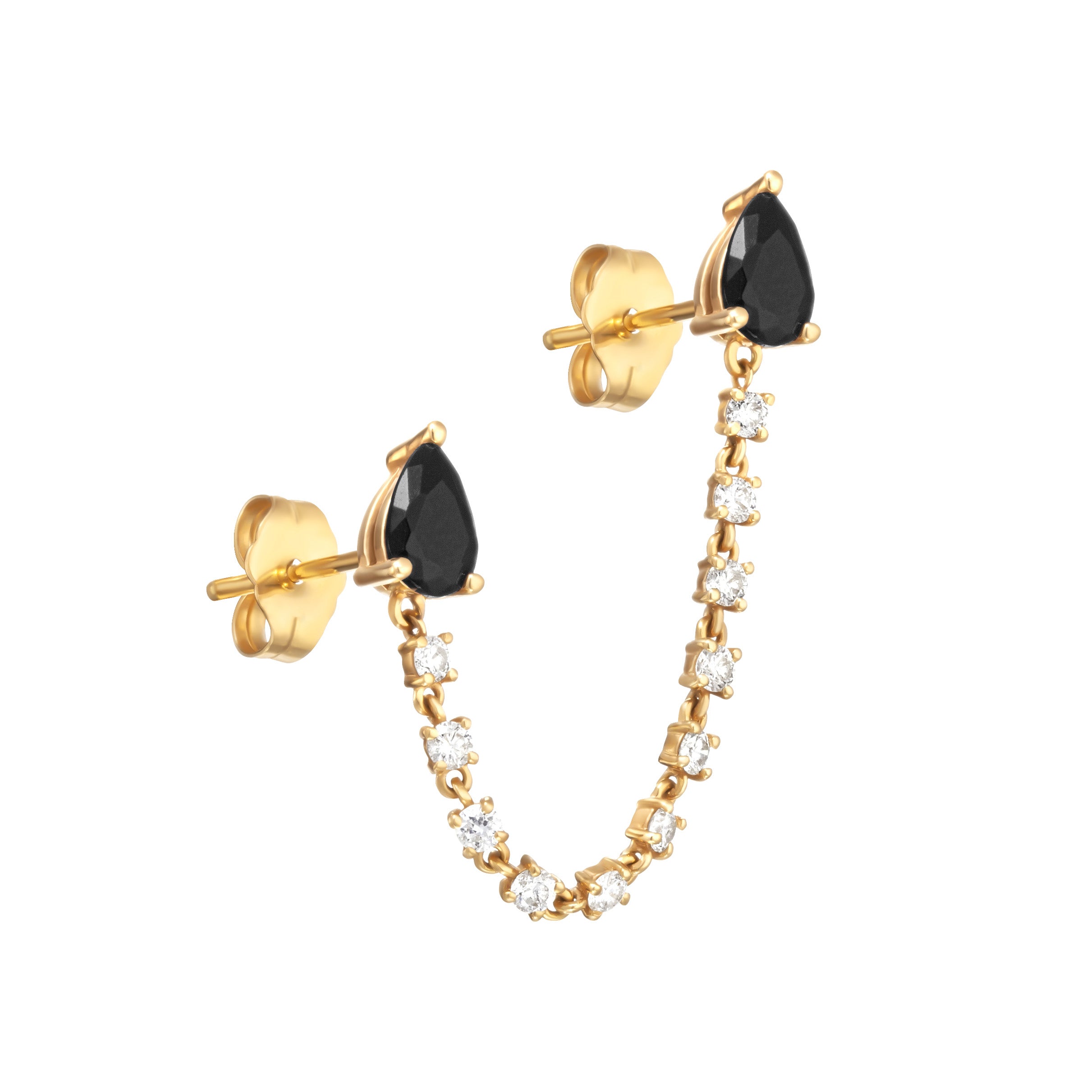 Double piercing loop earring with diamonds and black spinal pear studs