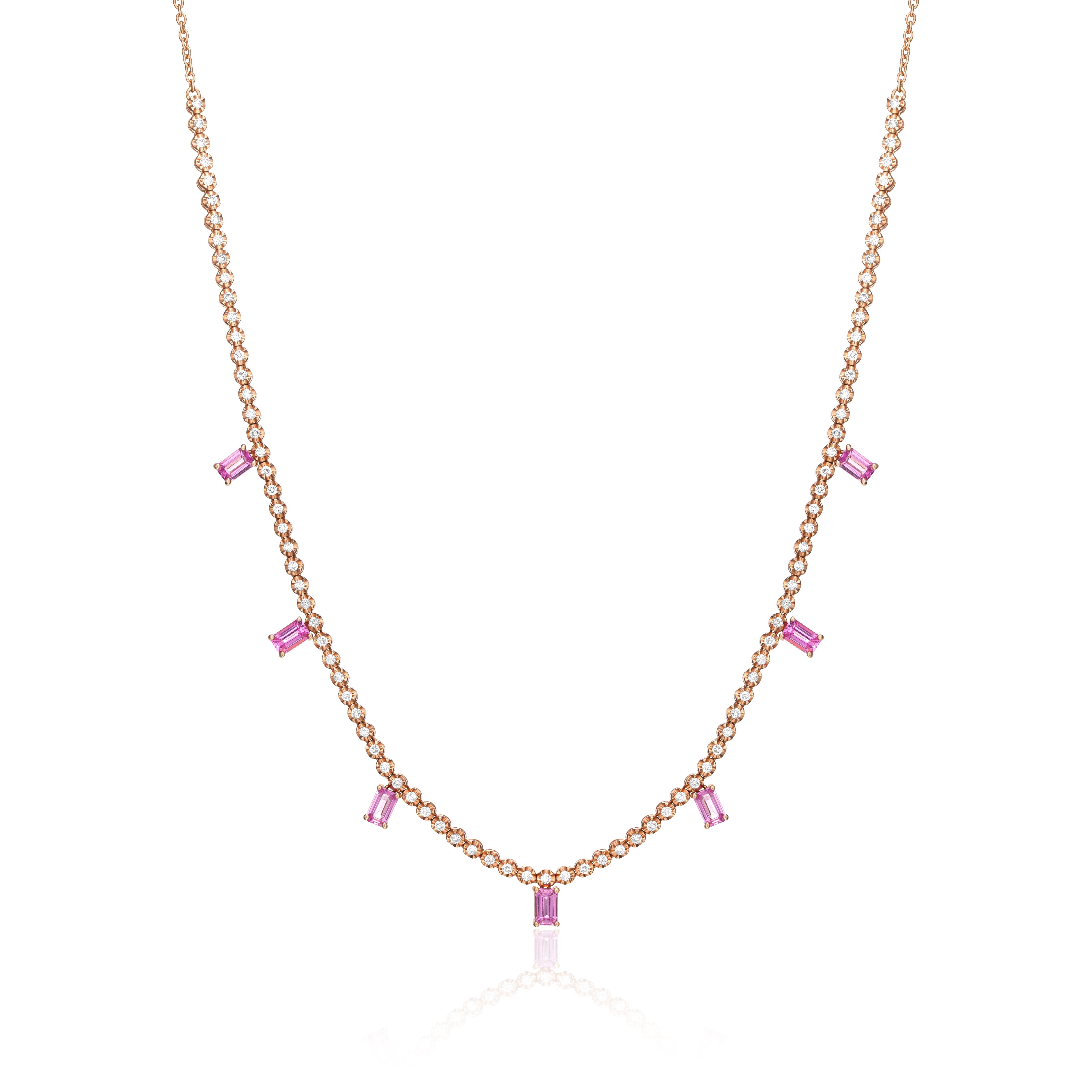 Pink sapphire and diamond tennis necklace
