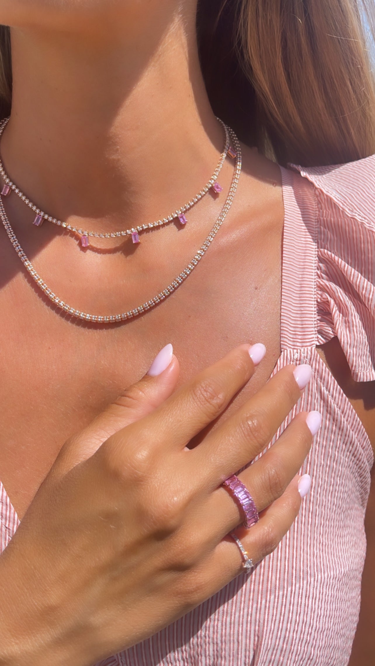 Pink sapphire and diamond tennis necklace