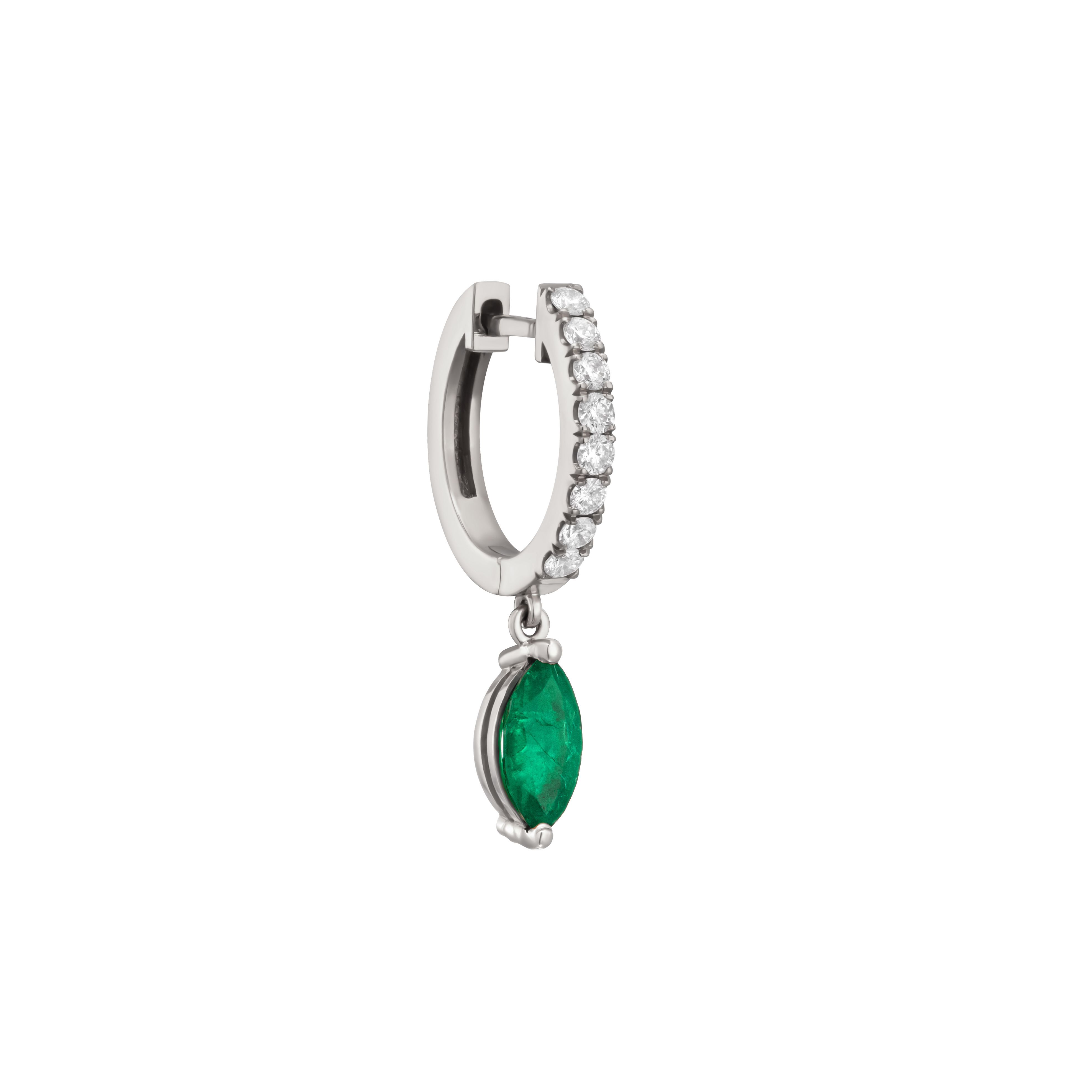 Single diamond huggie with marquise shaped natural emerald drop
