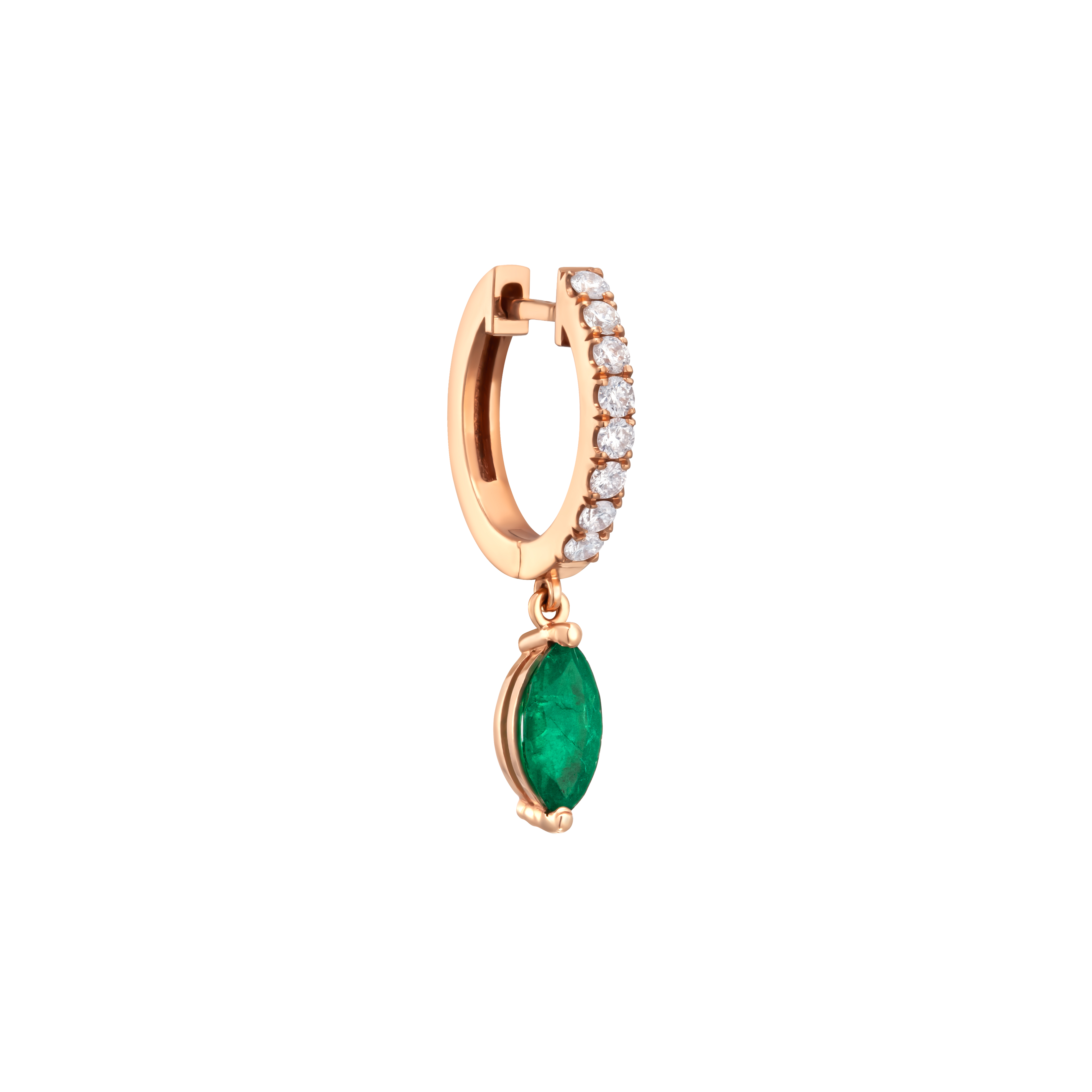 Single diamond huggie with marquise shaped natural emerald drop