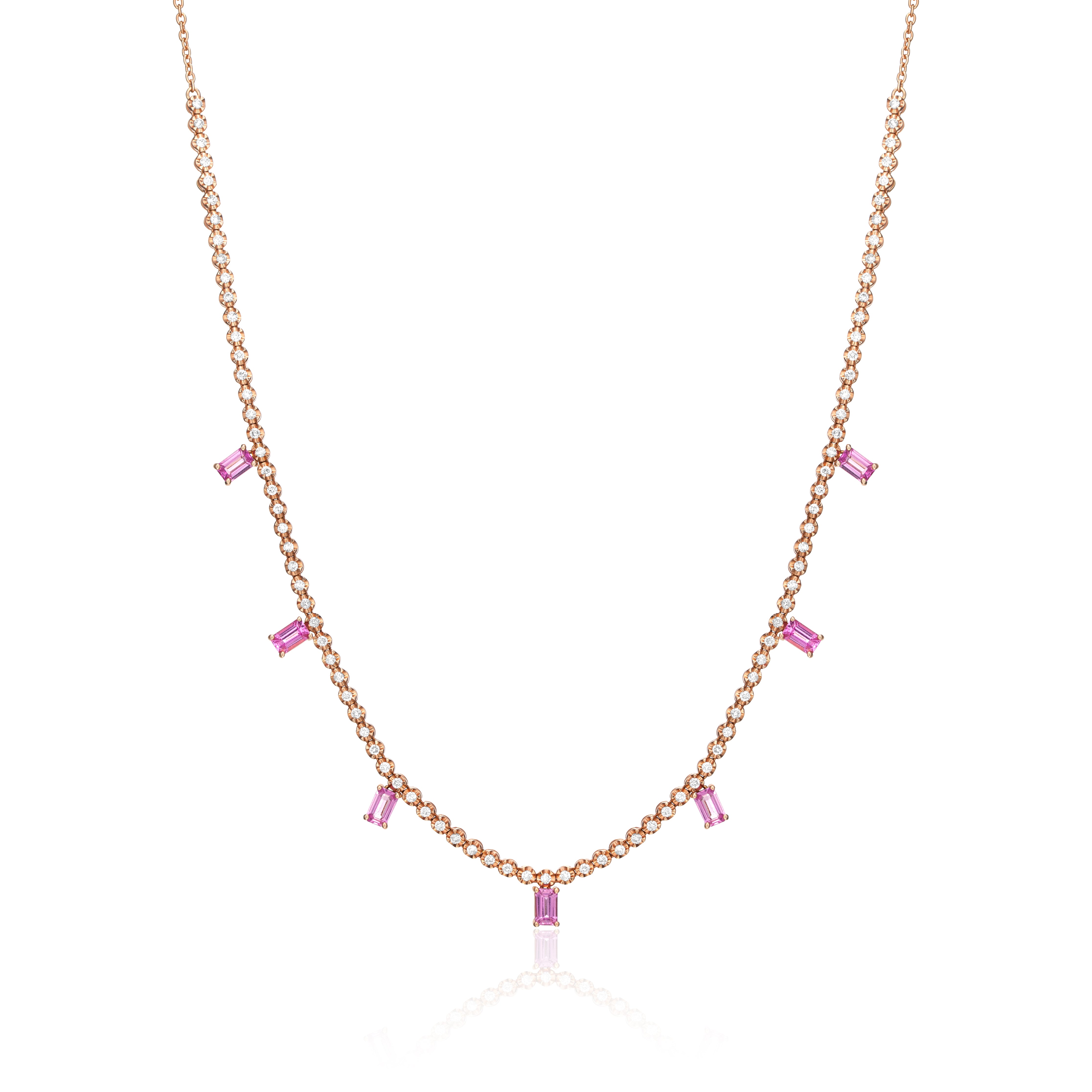 Pink sapphire and diamond tennis necklace