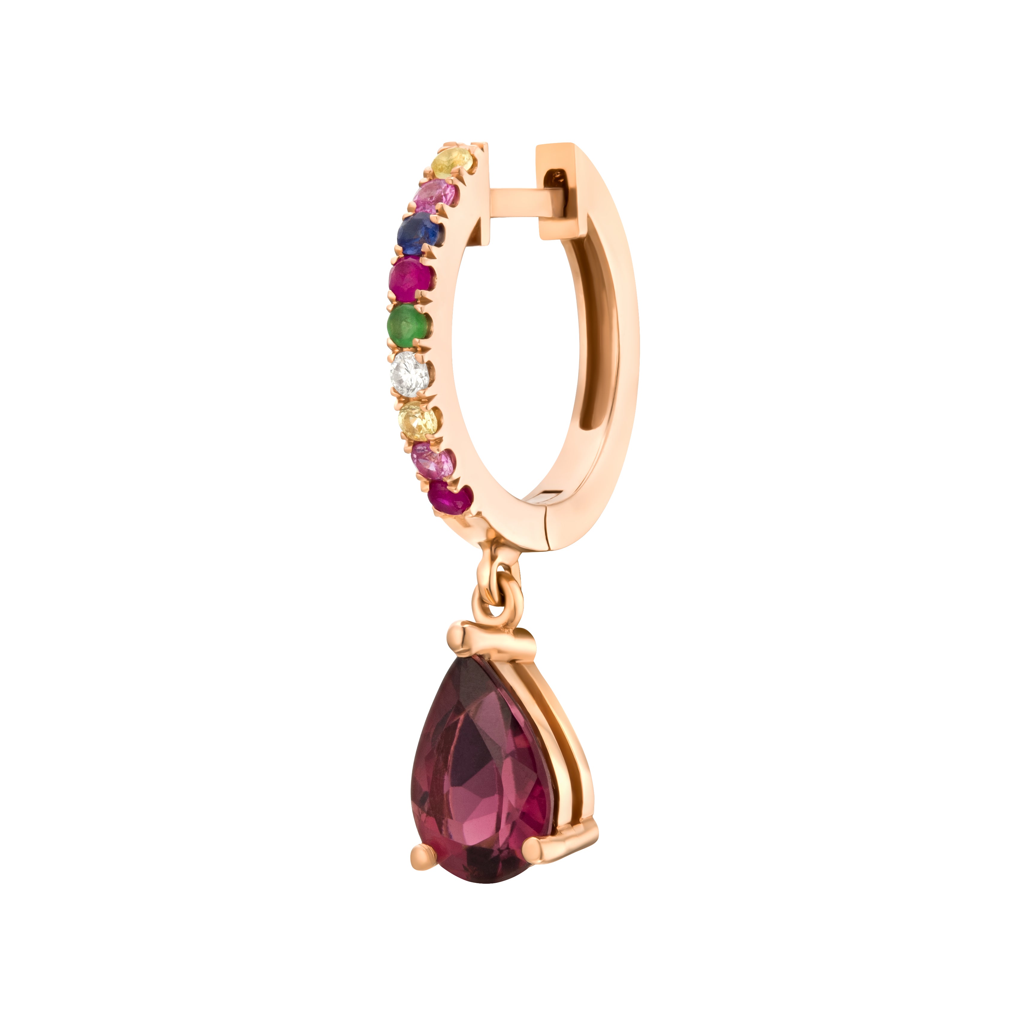 single sapphires huggie with pear shaped natural pink tourmaline drop